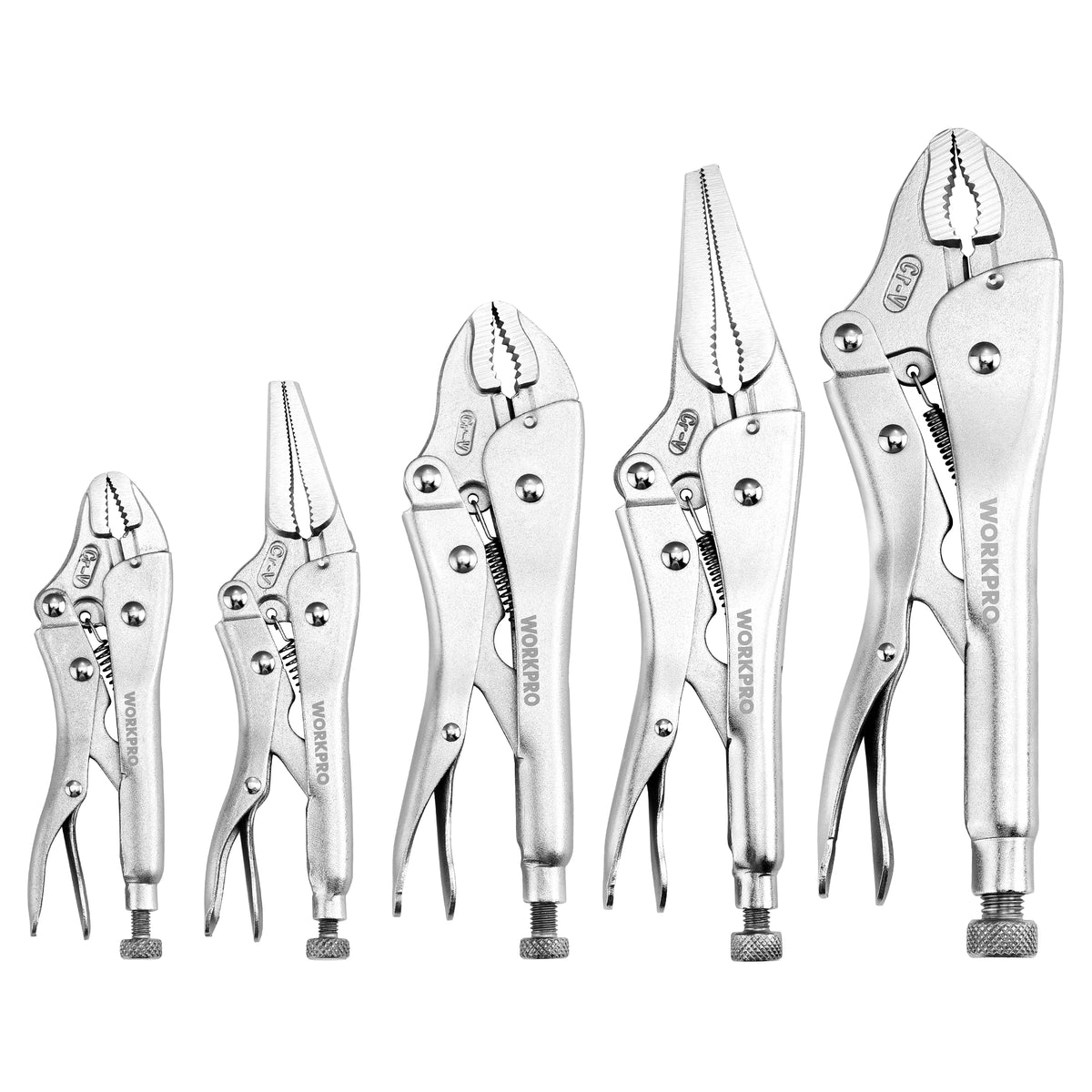 WORKPRO 5 piece curved jaw locking pliers set with long nose pliers, chrome vanadium steel for secure durable quality