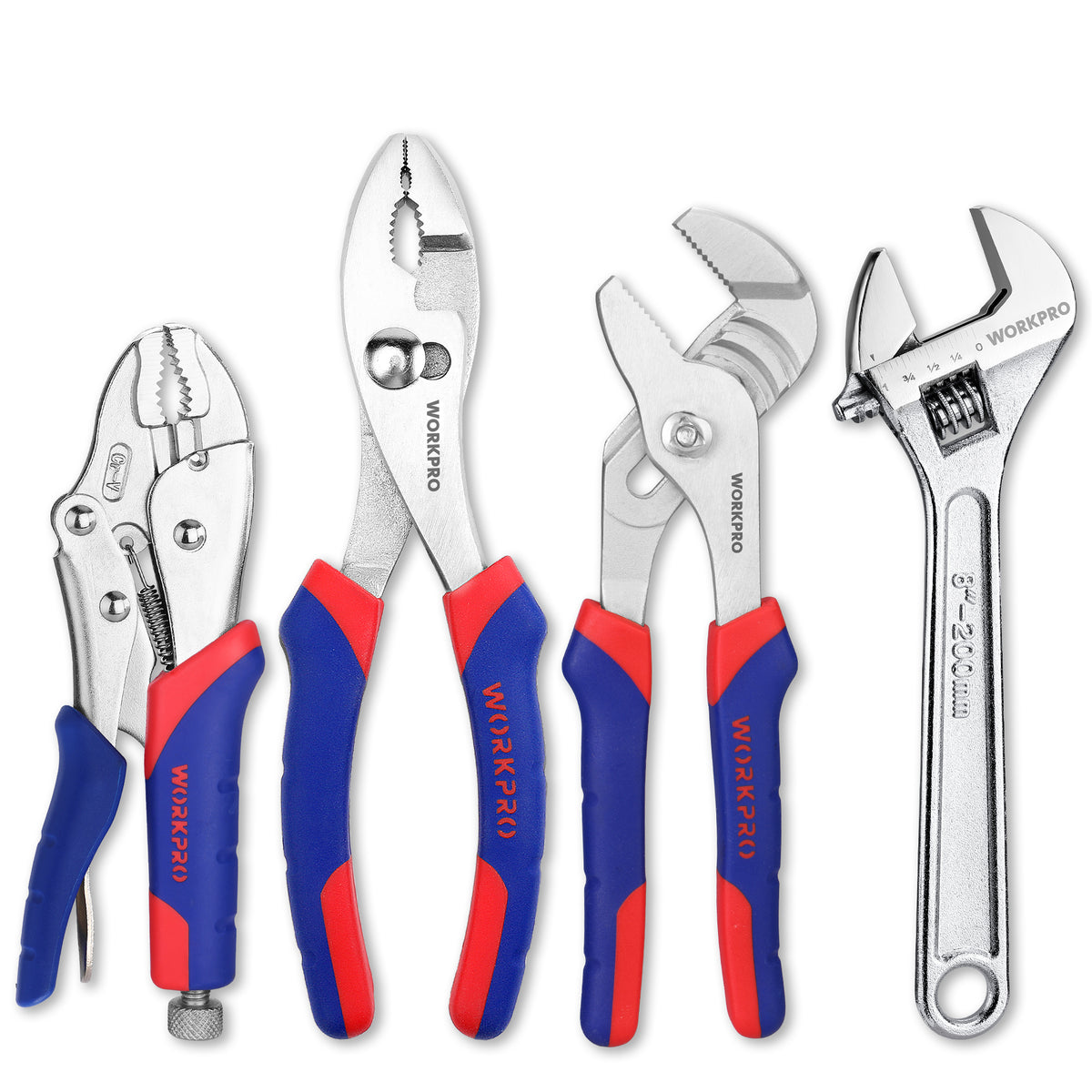 Workpro four piece plier set in blue and red with heat-treated forged steel and bi-material soft-grip handles.
