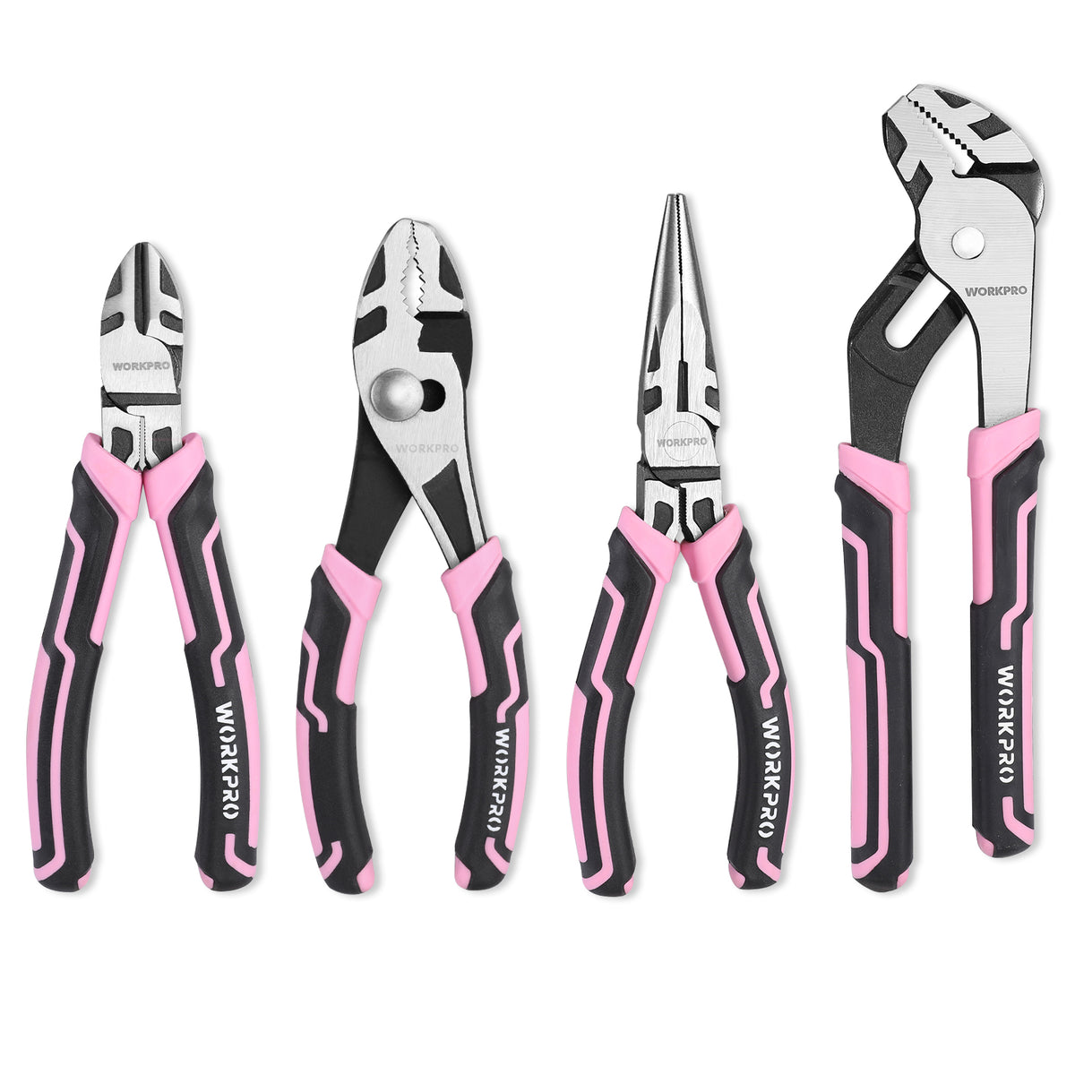 Workpro pink four-piece plier set with 6 inch and 8 inch lengths, CR-V steel, and heat-treated surfaces.