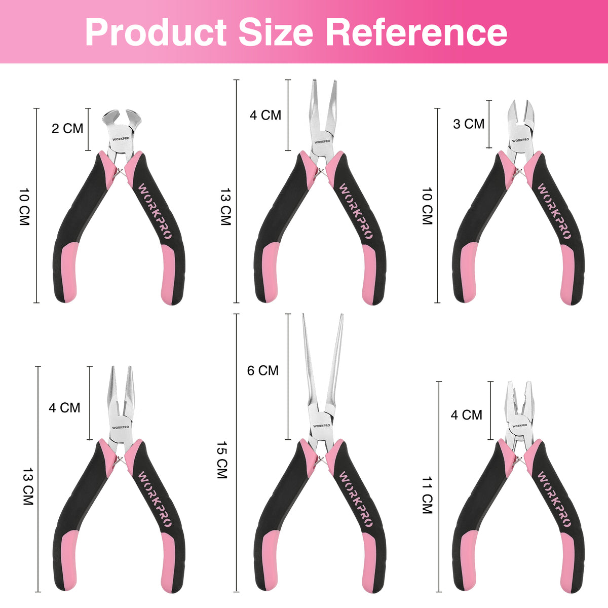 WORKPRO 6 Pcs Mini Pliers Set with Pink Pouch, innovation and secure durable quality grips