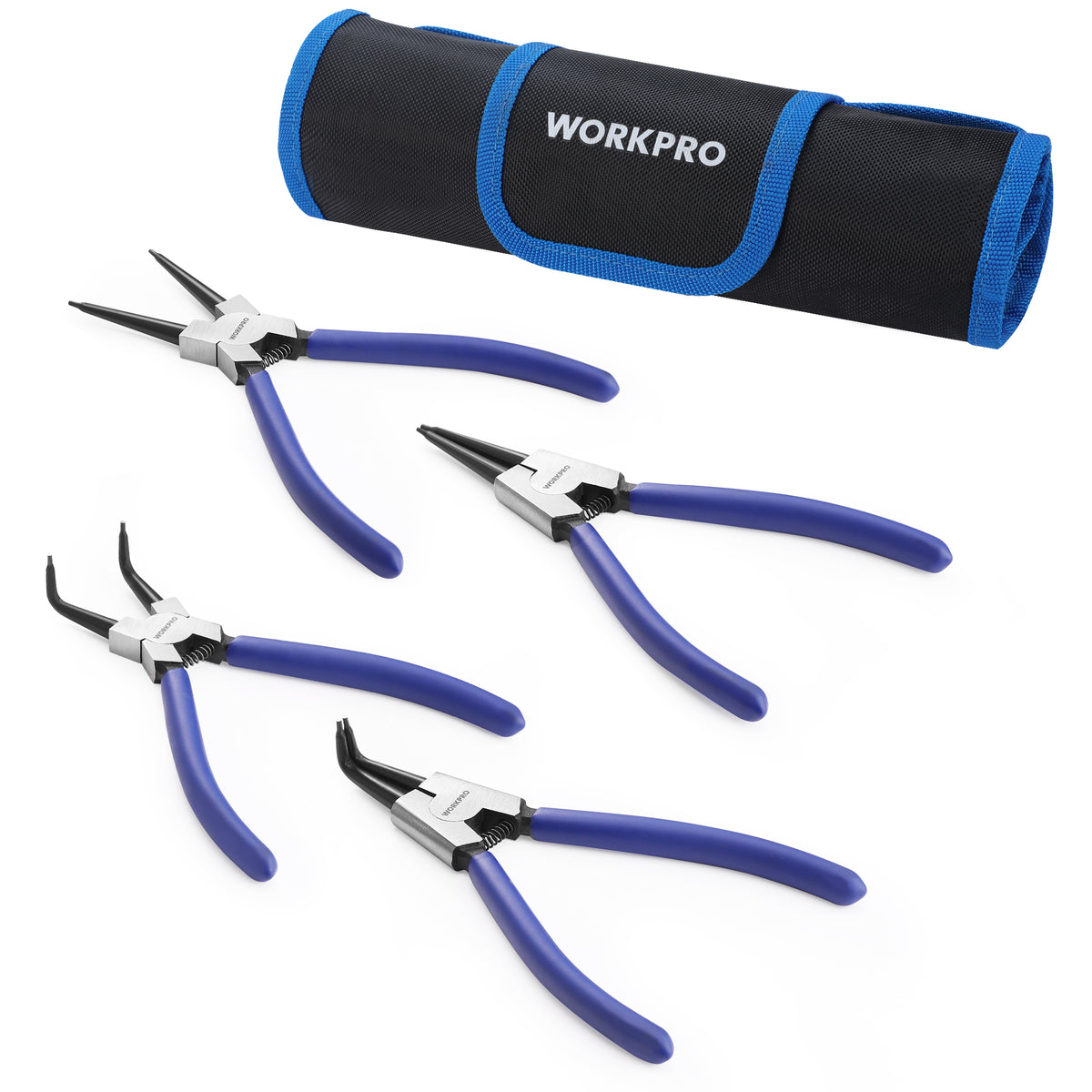 Workpro 4-piece snap ring pliers set with spring-loaded handles, blue grips, and carbon steel construction.