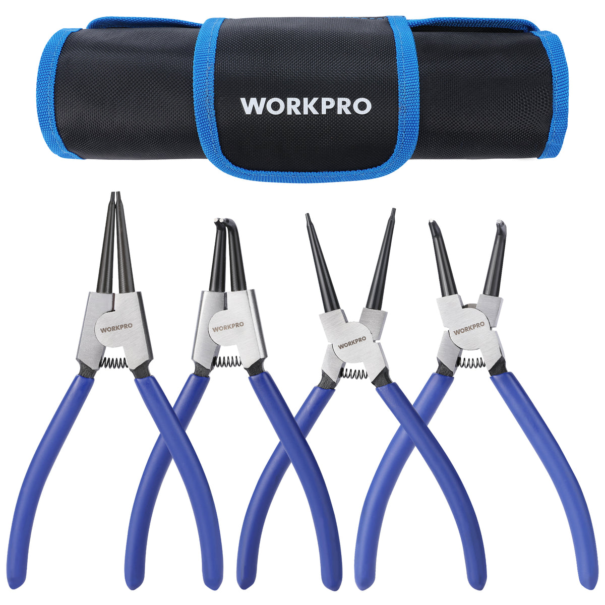 Workpro 4-piece snap ring pliers set with blue grips, spring-loaded handles, and black 840D polyester storage roll