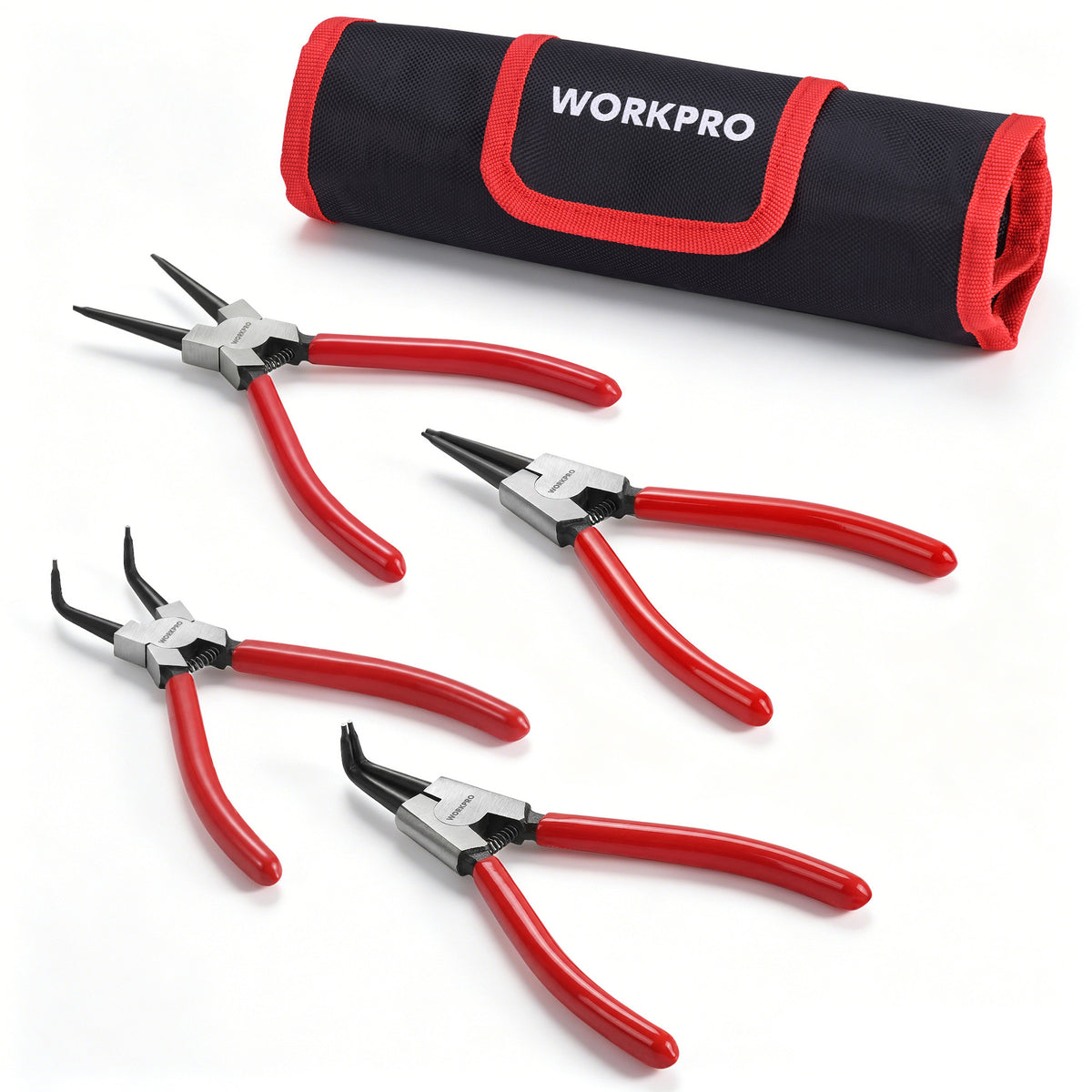 Workpro 4-piece snap ring pliers set with red handles and silver jaws, carbon steel construction for ring work.