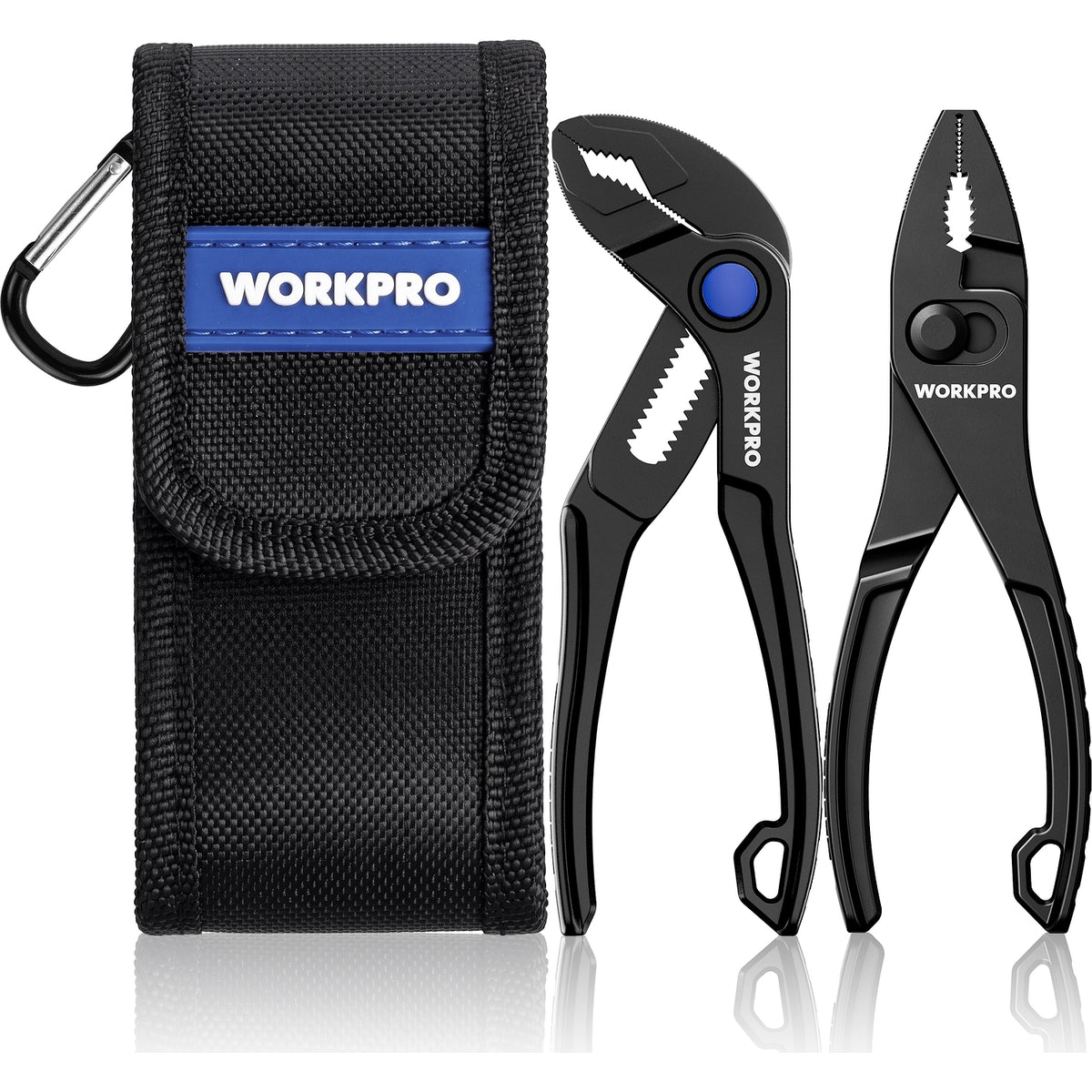 Workpro 2-piece mini pliers set in black with serrated jaws and heat-treated steel for stable clamping.