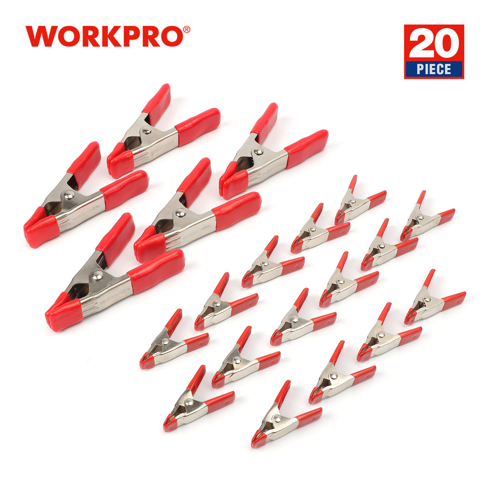 WORKPRO steel spring clamp set with red handles, 20-piece assortment