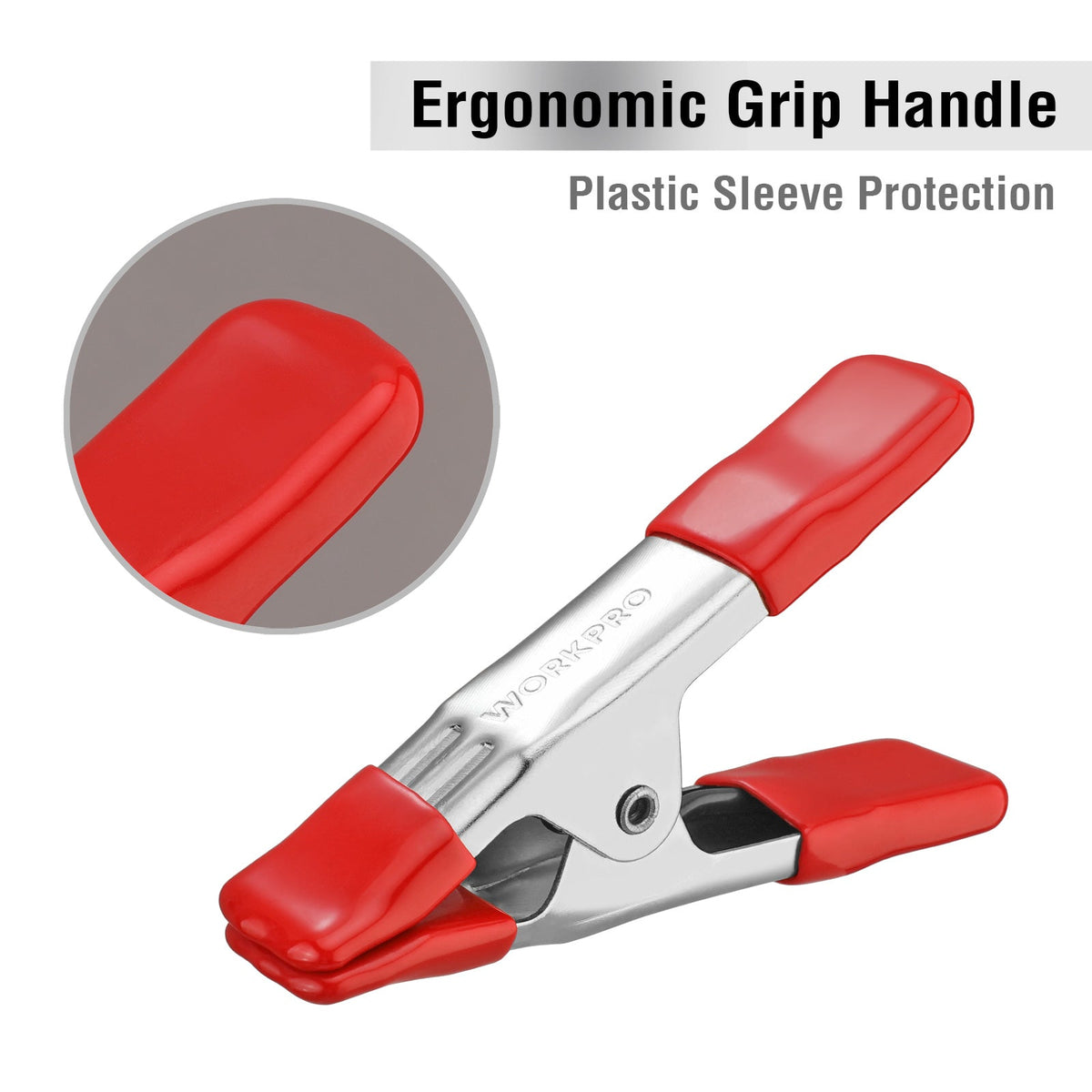 Ergonomic red grip spring clamp with plastic sleeve over handle and jaws