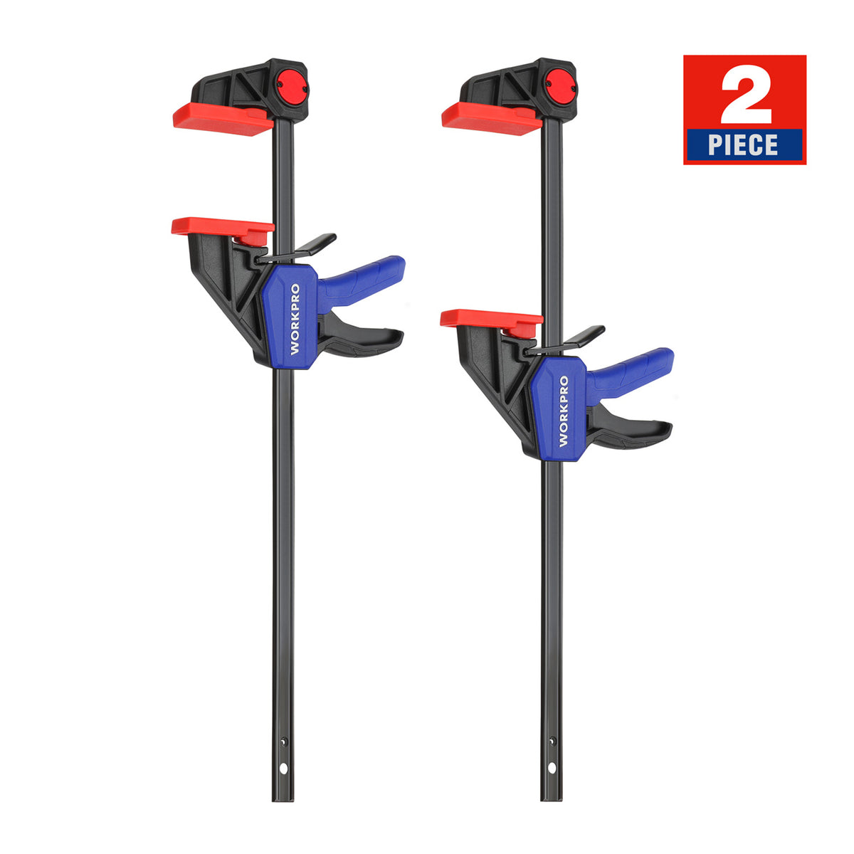 Workpro 12 inch quick release clamps in black and red, two piece set with one hand operation and 150 pound load limit.