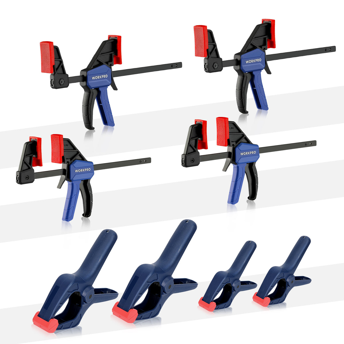 WORKPRO 8 Pcs Clamp Set for Woodworking in blue and red with durable metal clamp jaws and screws