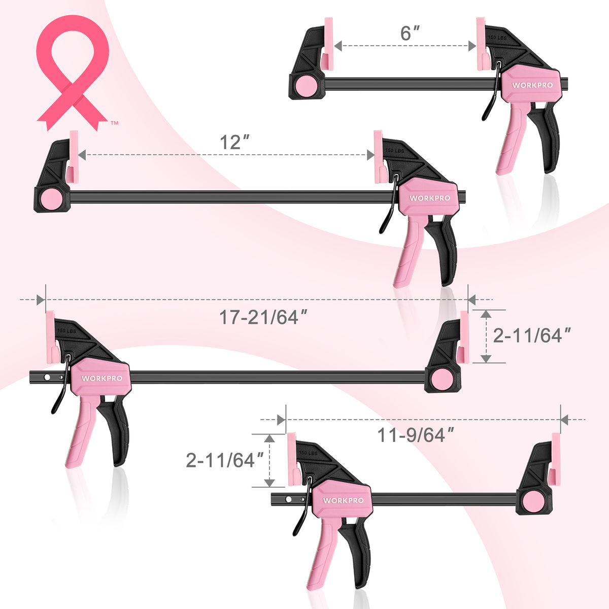 Pink and black bar clamps showing 6 in and 12 in sizes for woodworking