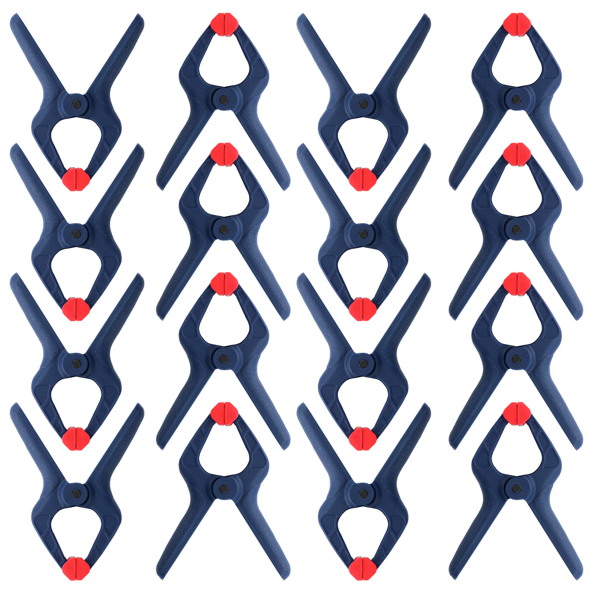 Workpro 16-piece spring clamp set with dark blue bodies, red jaw pads, and a 1-3/8 inch maximum opening.