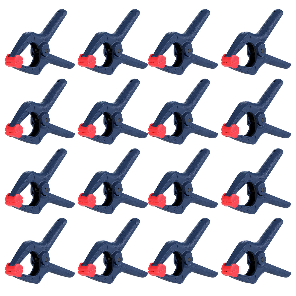 Workpro 16-piece spring clamp set in navy blue and red with reinforced nylon and a 1-3/8 inch maximum opening