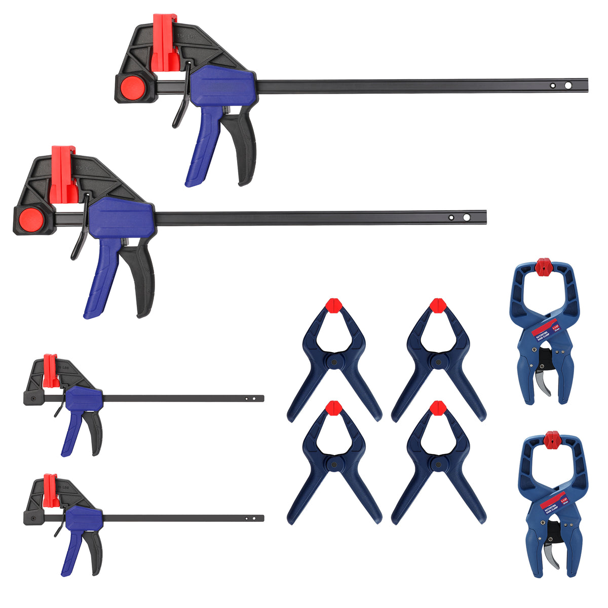 Workpro 10-pack woodworking clamps in black, red and blue, arranged in multiple clamp styles for varied projects.