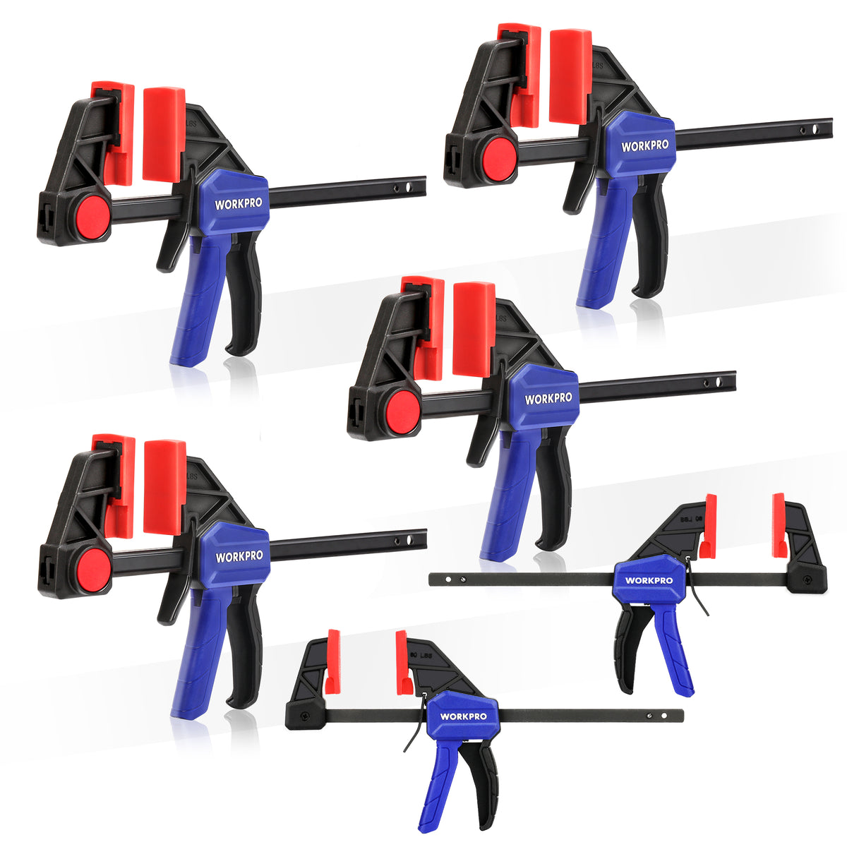 Workpro mini bar clamps with reinforced nylon bodies and hardened steel bars, shown in black, red and blue.