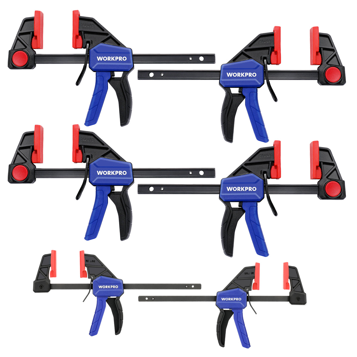 Workpro one-handed mini bar clamps in red, blue, and black feature quick-release triggers for woodworking.