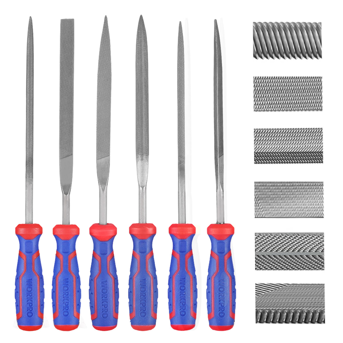 Workpro six-piece needle file set with red and blue grips and flat, half-round, and round profiles