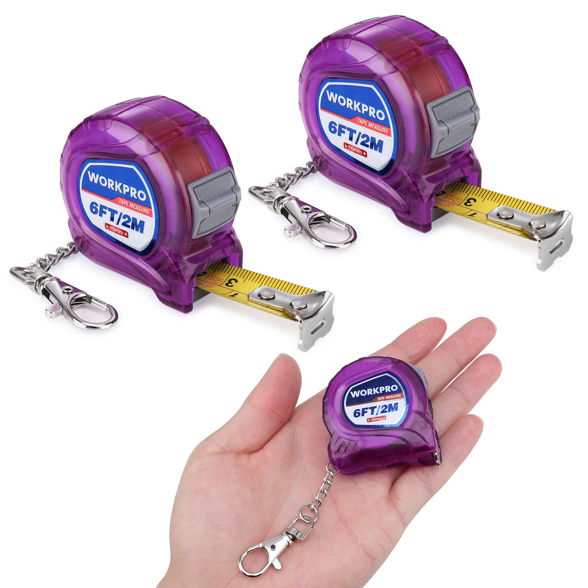 Workpro keychain tape measure in purple with metal clips and yellow blades, shown beside a hand for scale.