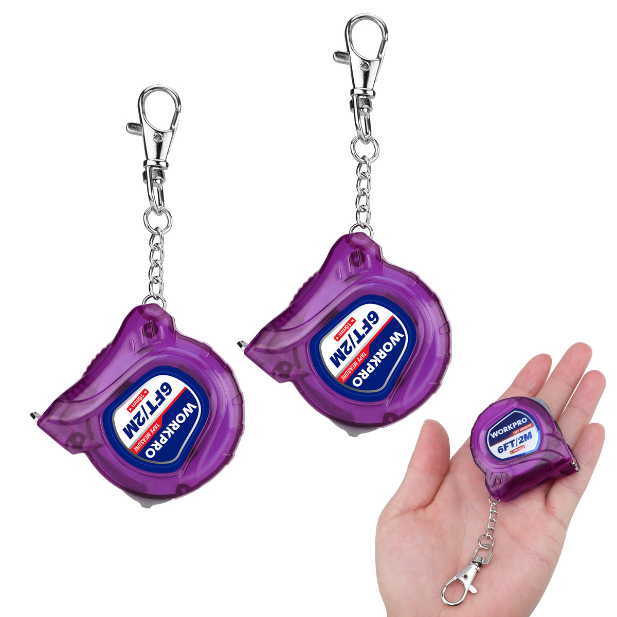 Workpro keychain tape measure in purple with metal clip attachments, shown beside a hand for scale.