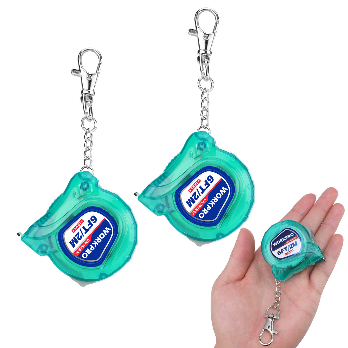 Workpro mini tape measure in turquoise with clear inch and metric scales, transparent casing and metal clips.