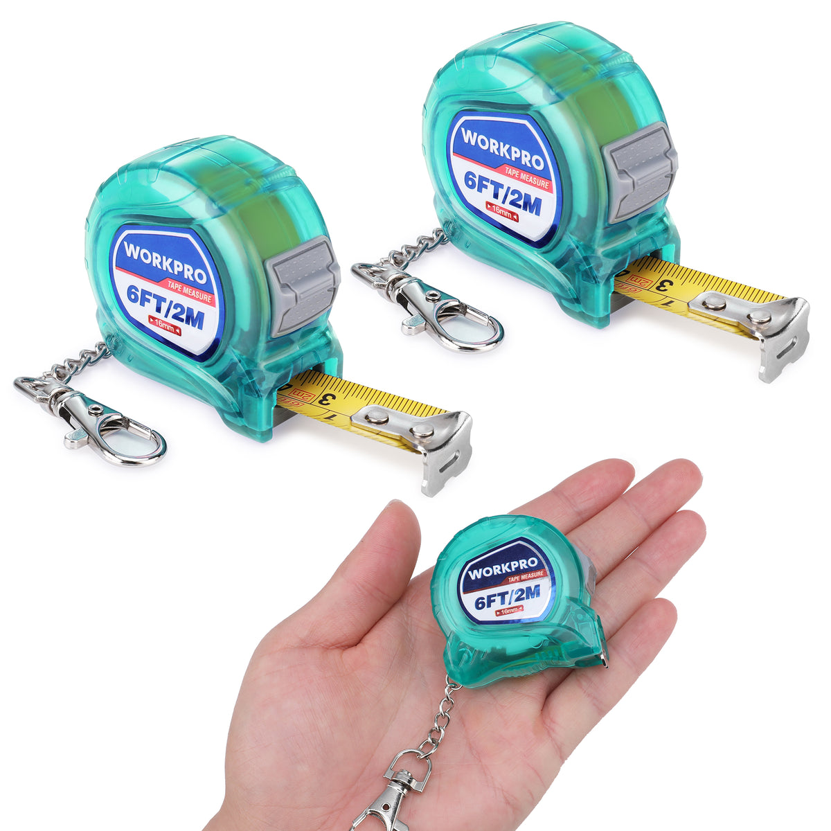 Workpro mini tape measures in turquoise with visible front labels and yellow blades, one shown in a hand for scale