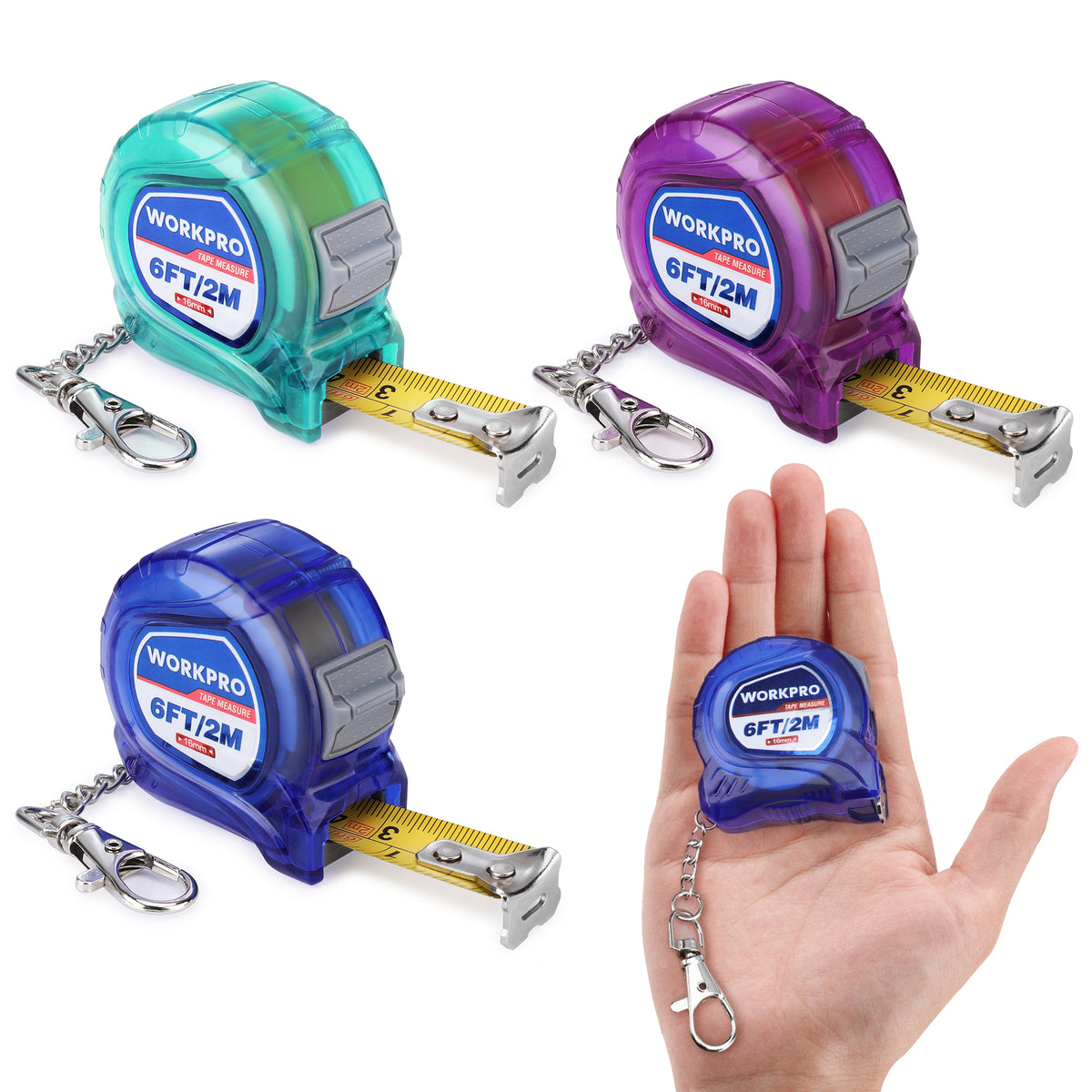 Workpro keychain tape measure set in turquoise, purple, and blue, displayed with metal clips and extended blades