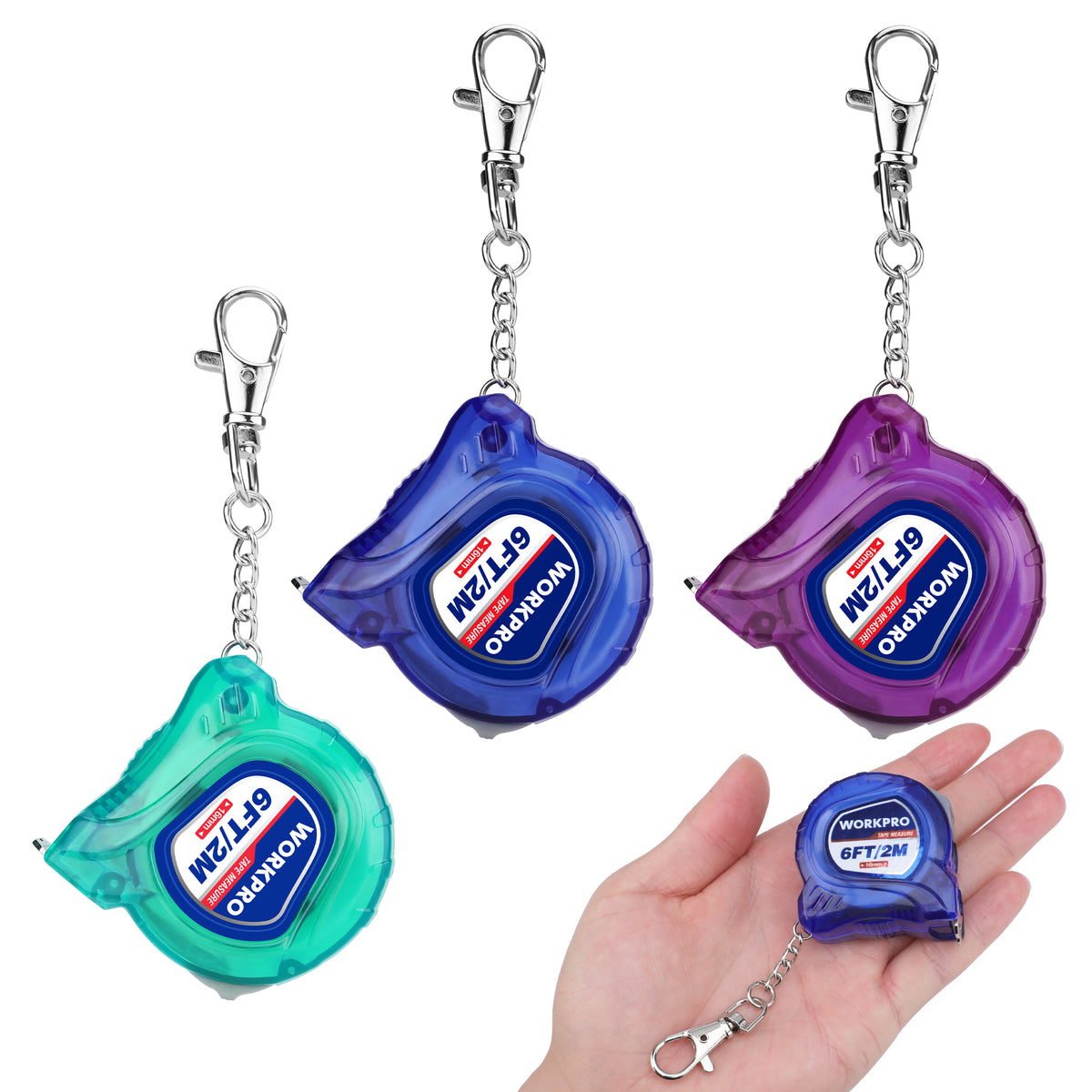 Workpro keychain tape measure set, three pieces in blue, purple, and turquoise, each with a metal clip and chain