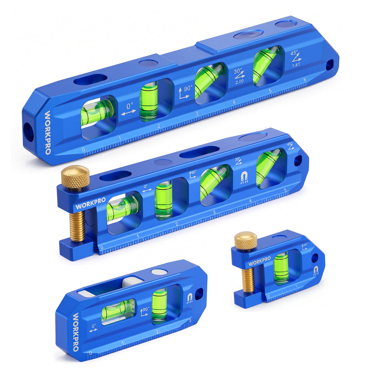 Workpro 4-piece magnetic torpedo level set in blue aluminium alloy with transparent acrylic glass vials for accurate layout.