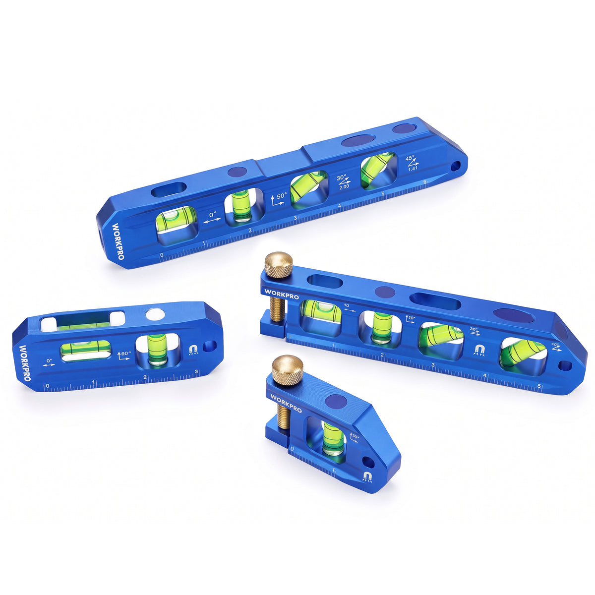 Workpro 4-piece magnetic torpedo level set in blue, aluminium alloy, with transparent acrylic glass vials for home repair.