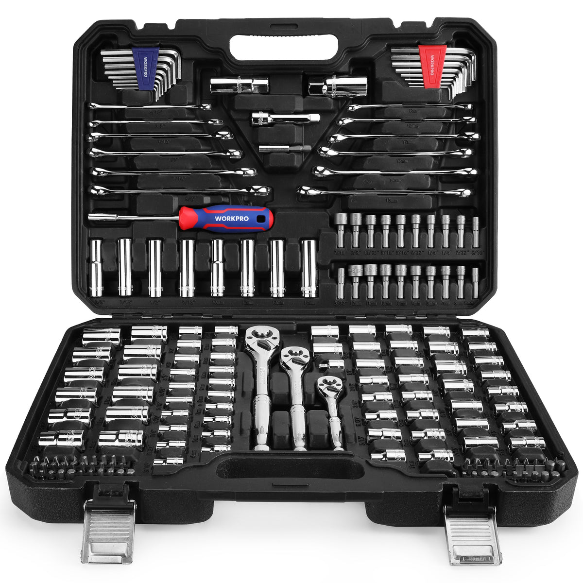 Workpro 192-piece mechanic tool set in black storage case with chrome vanadium steel components for automotive repair.
