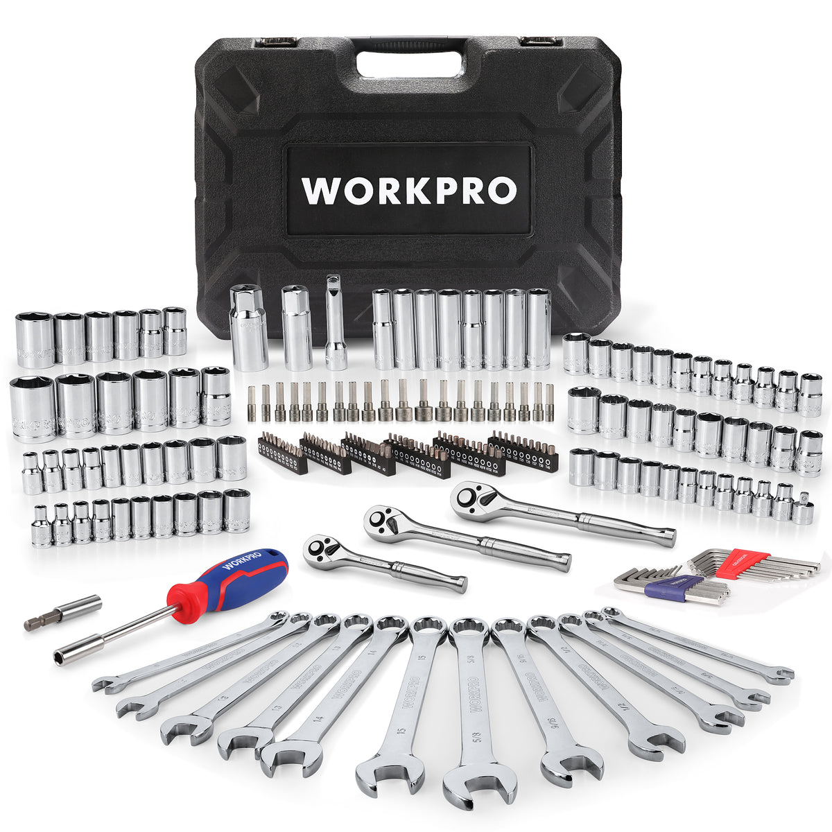 Workpro 192 piece mechanic tool set with storage case, chrome finish sockets and open end wrenches arranged around it