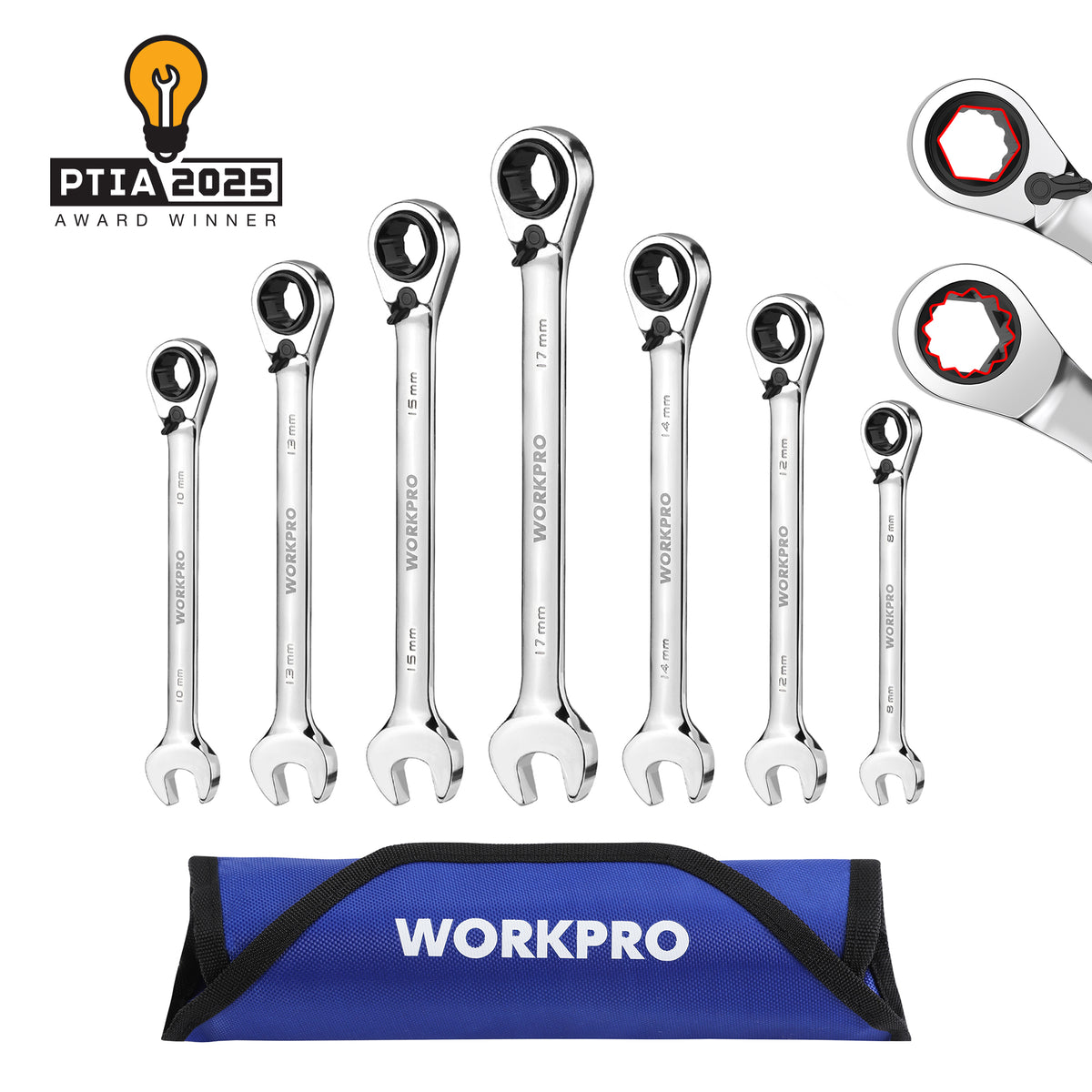 Workpro 7-piece 3-in-1 reversible ratchet wrench set, metric, with blue storage case and heat-treated chrome vanadium steel.