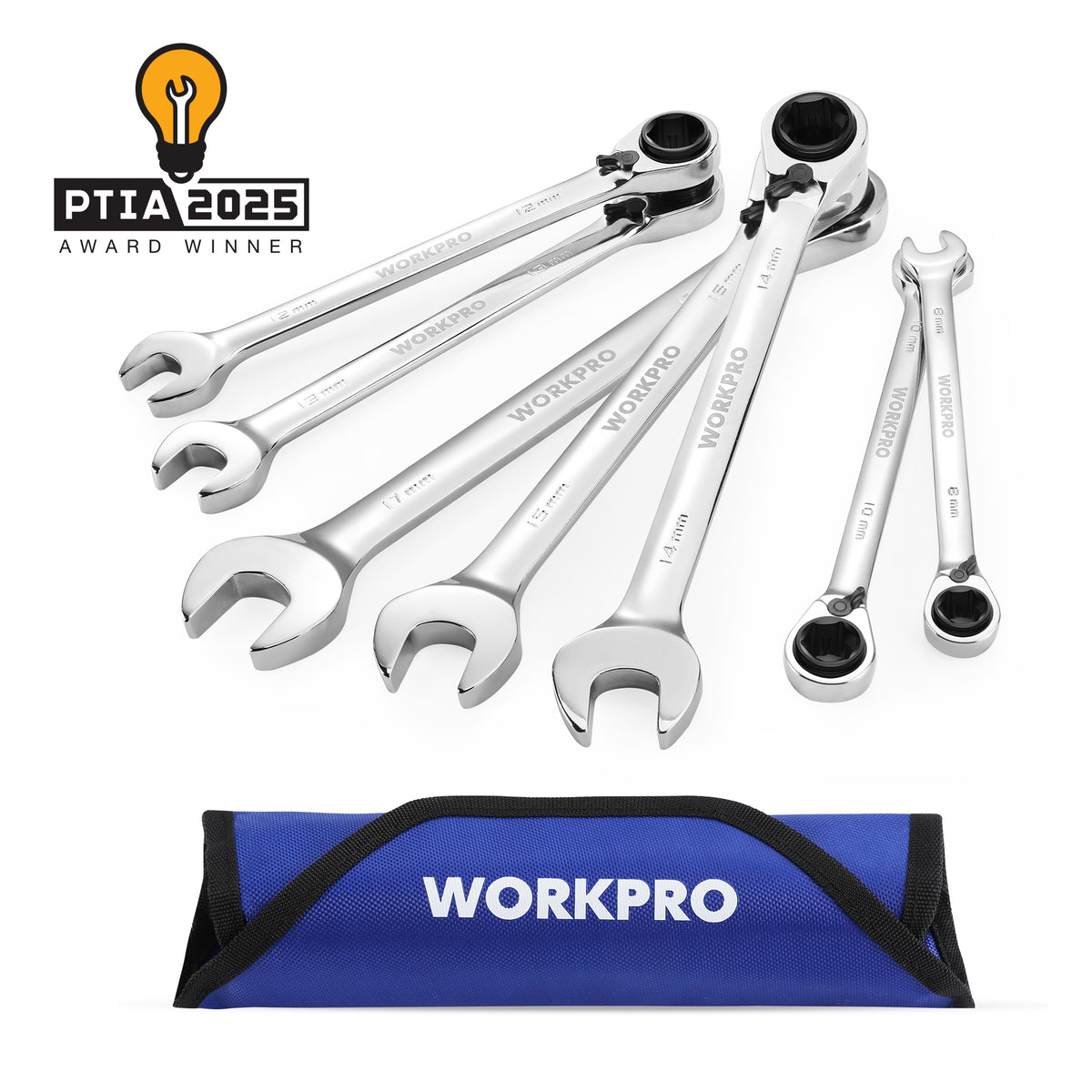 Workpro 7-piece 3-in-1 reversible ratchet wrench set in silver with heat-treated chrome vanadium steel
