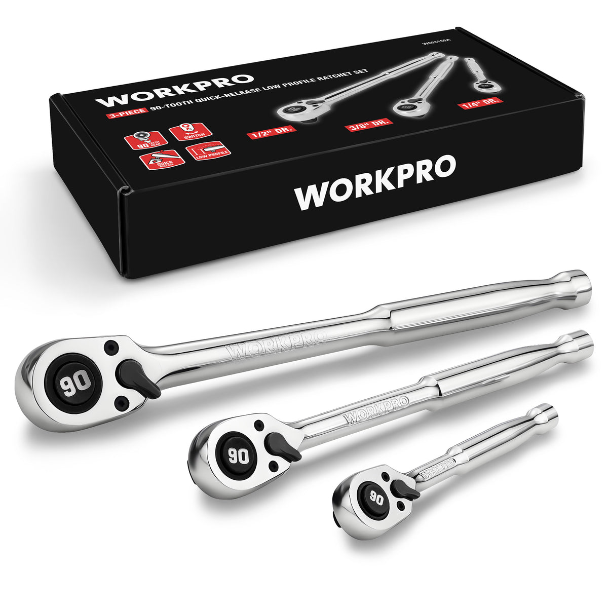 Workpro 3-piece low-profile drive ratchet set in silver, designed for tight-space fastening and removal