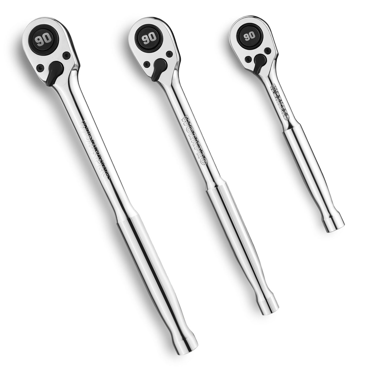 Workpro 3-piece low-profile drive ratchets in polished silver, designed for tight-space fastening and removal