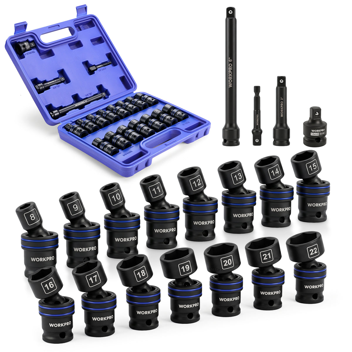 Workpro 19-piece 3/8 inch universal metric impact socket set, black sockets in a blue case with laser-etched size markings.
