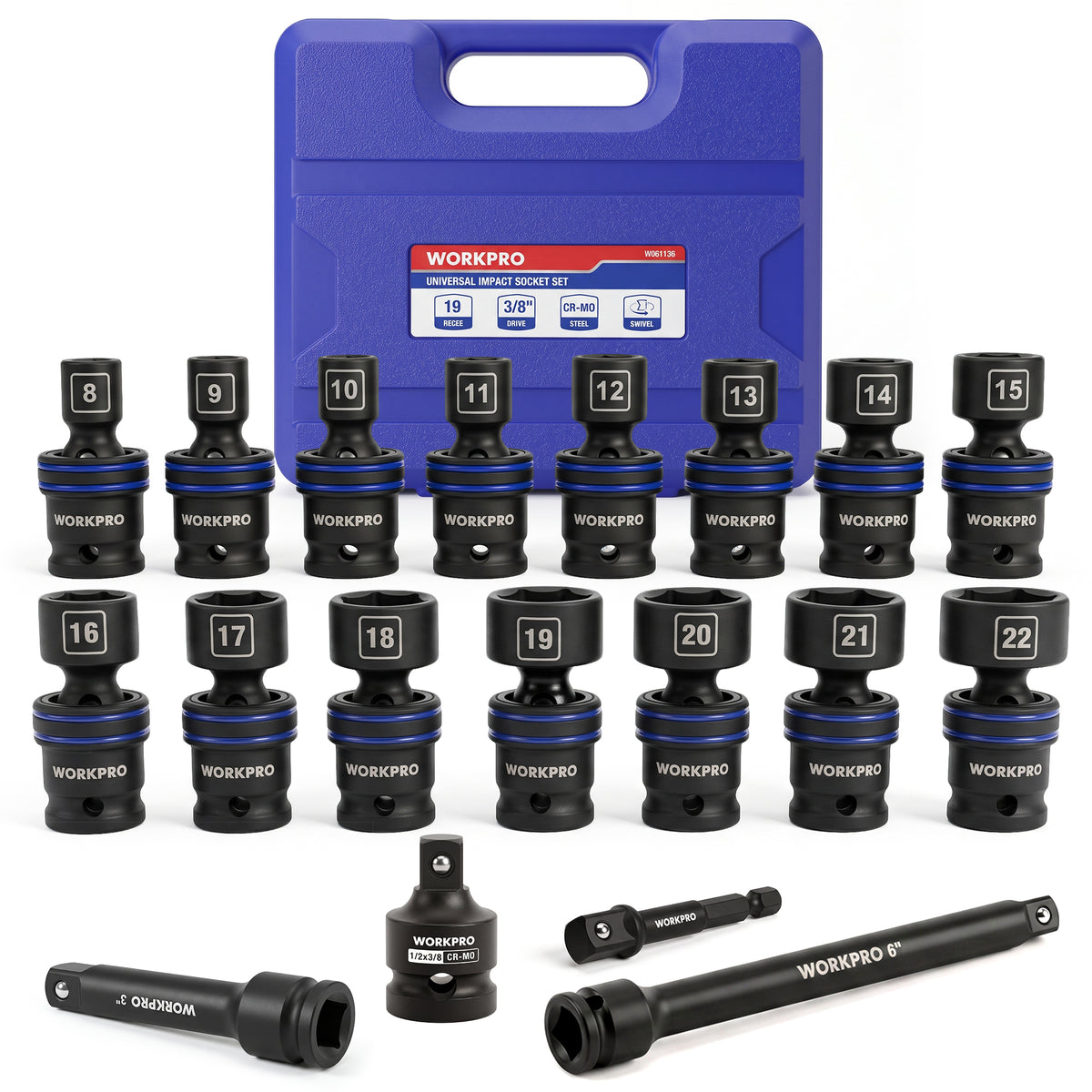 Workpro 19-piece metric impact socket set with black sockets, laser etched size markings, and organized storage case.