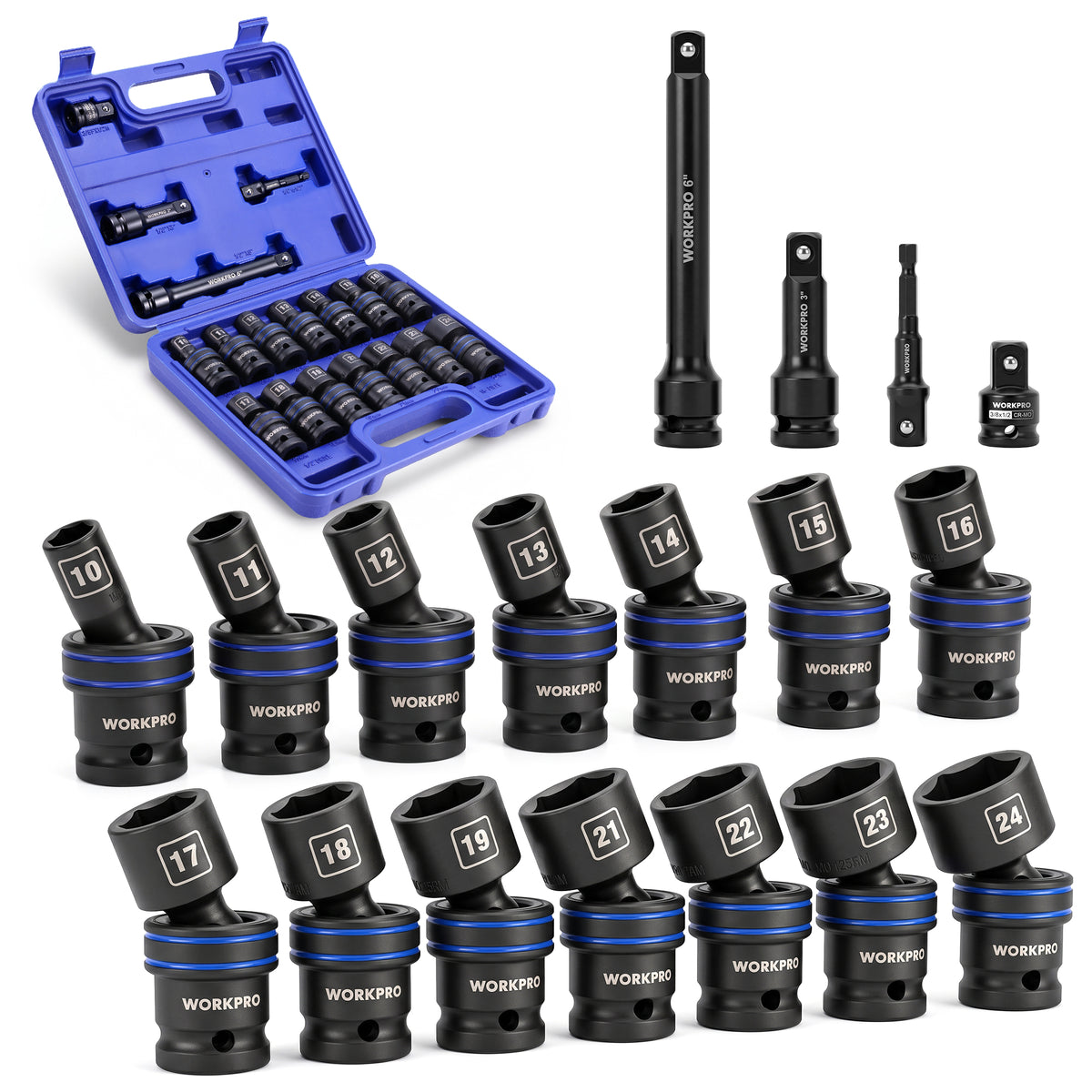 Workpro 18-piece metric universal impact socket set with black sockets in a blue case and laser-etched size markings