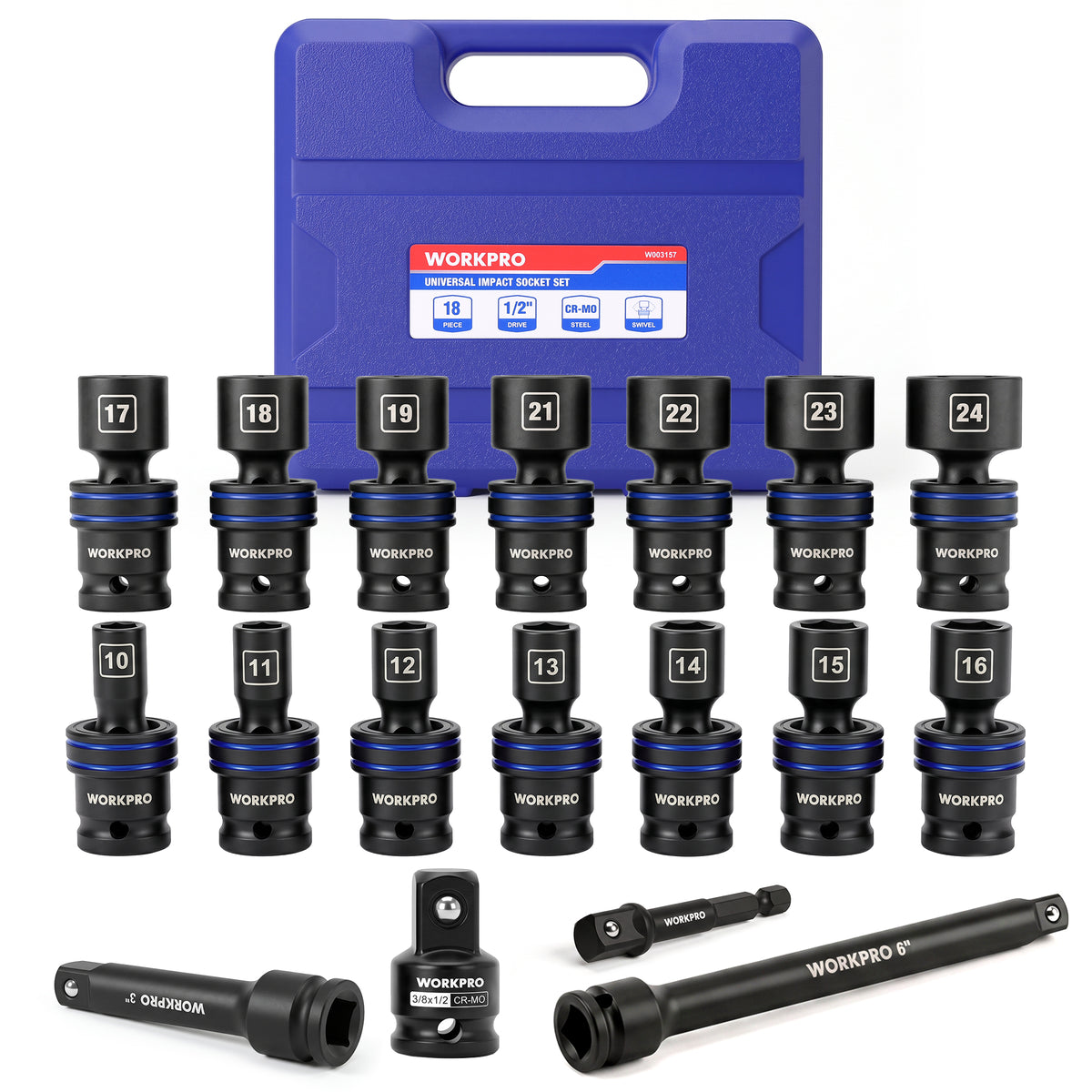 Workpro universal metric impact socket set with black sockets, extension bars and heat-treated CR-MO and S2 steel