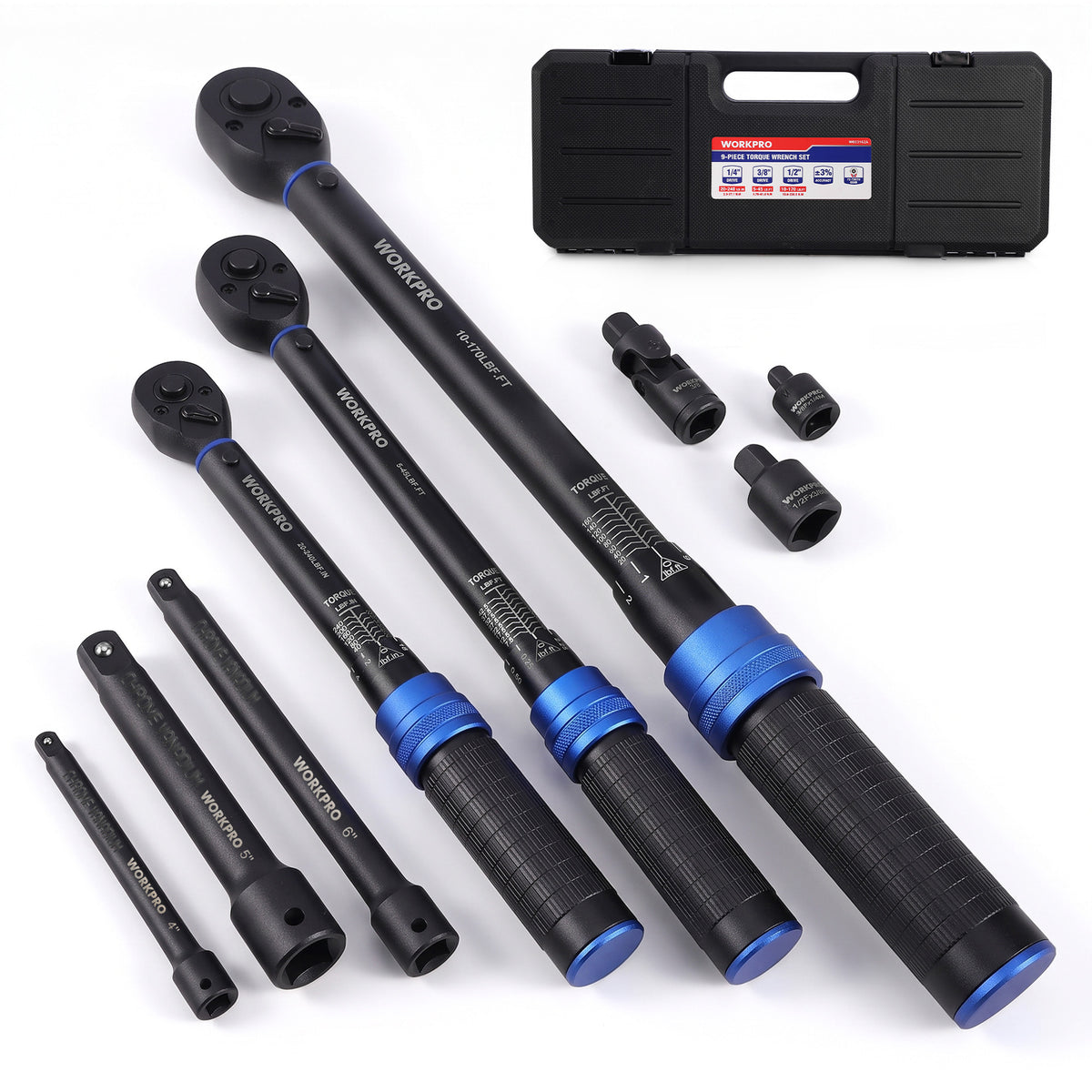 Workpro 9 piece click torque wrench set in black and blue with knurled aluminum handles and a storage case.