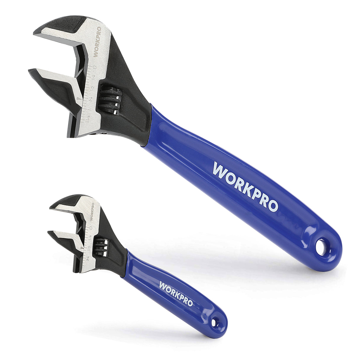 Workpro two piece adjustable wrench set in blue with chrome vanadium steel and rubberized handles for secure gripping.