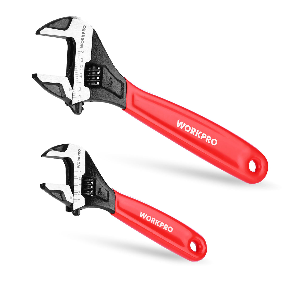 Workpro 2-piece adjustable wrench set in red with chrome vanadium steel construction, knurled adjustment wheels, and hanging