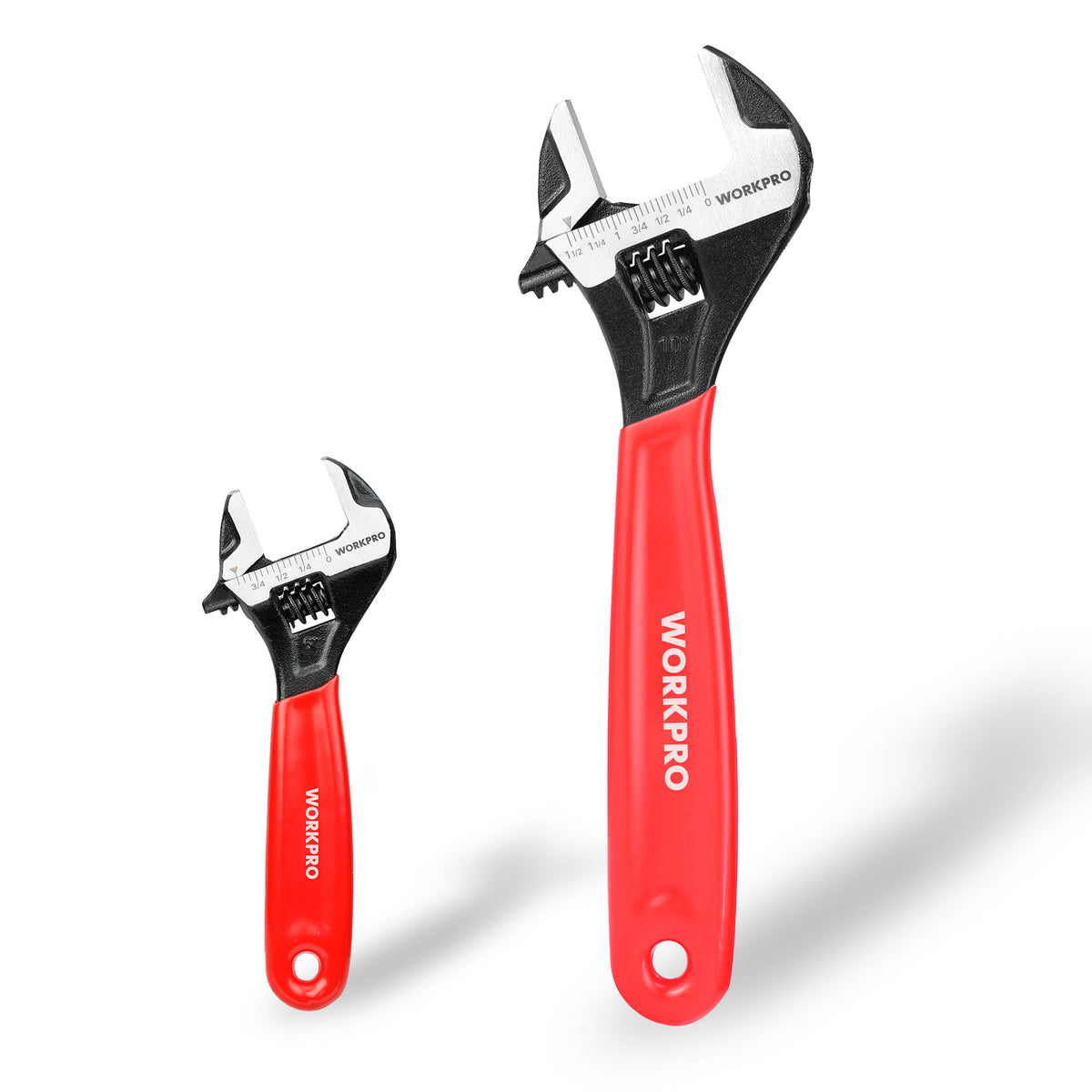 Workpro two piece adjustable wrench set in red with chrome vanadium steel construction and laser etched scales.