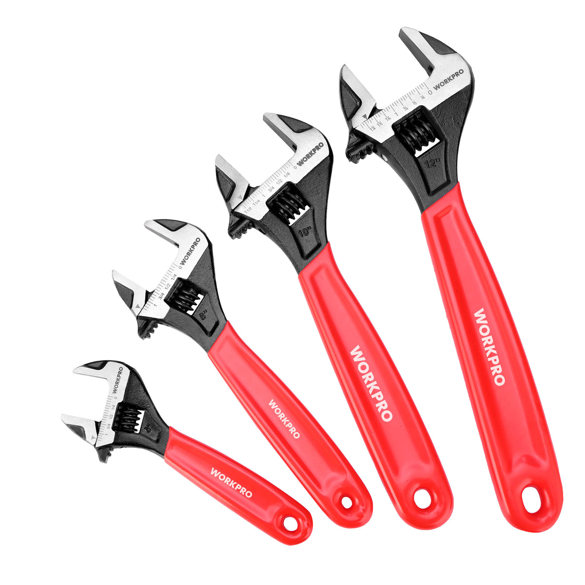 Workpro four piece adjustable wrench set with four red handles, chrome vanadium steel construction and hanging holes.