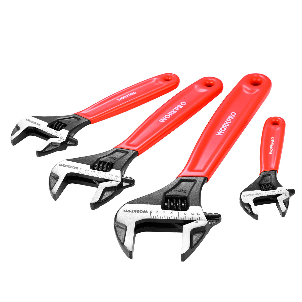 Workpro four piece adjustable wrench set with red handles and chrome vanadium steel construction.