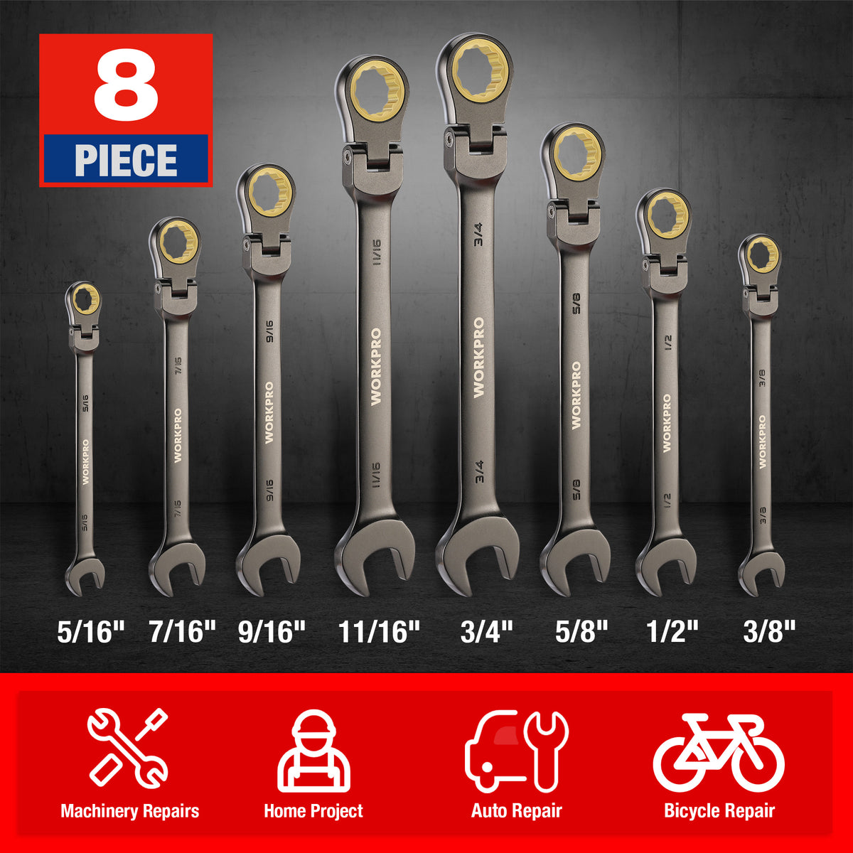 WORKPRO 8 Pcs flex-head ratcheting combination wrench set with organizer bag, quality and durable steel