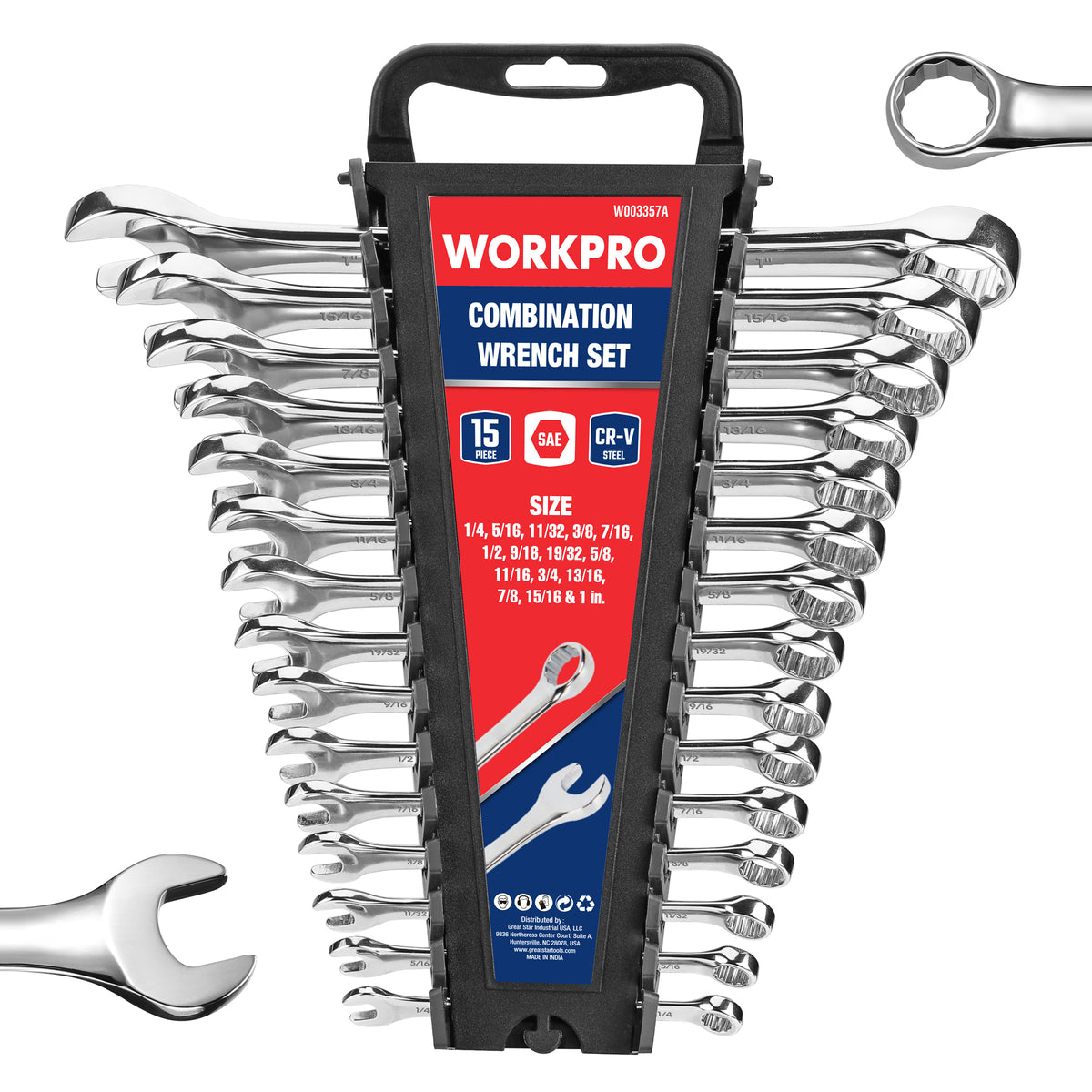 Workpro SAE combination wrench set displayed in a black rack with reflective metal surfaces and polished edges