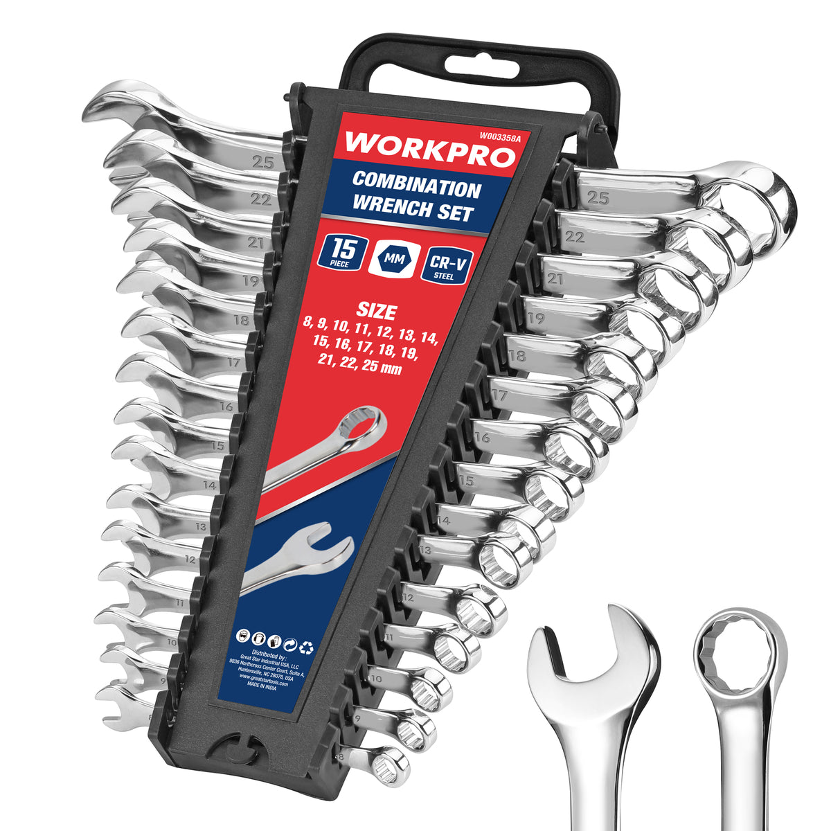 Workpro metric combination wrench set with reflective steel surfaces and open ends arranged in a rack organizer.