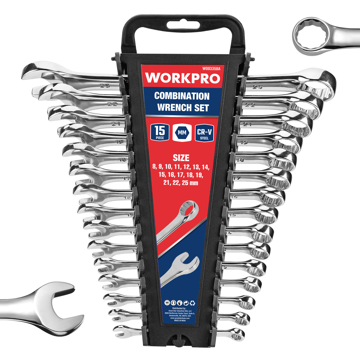 Workpro metric combination wrench set in a black rack organizer, showing polished open and 12-point box ends