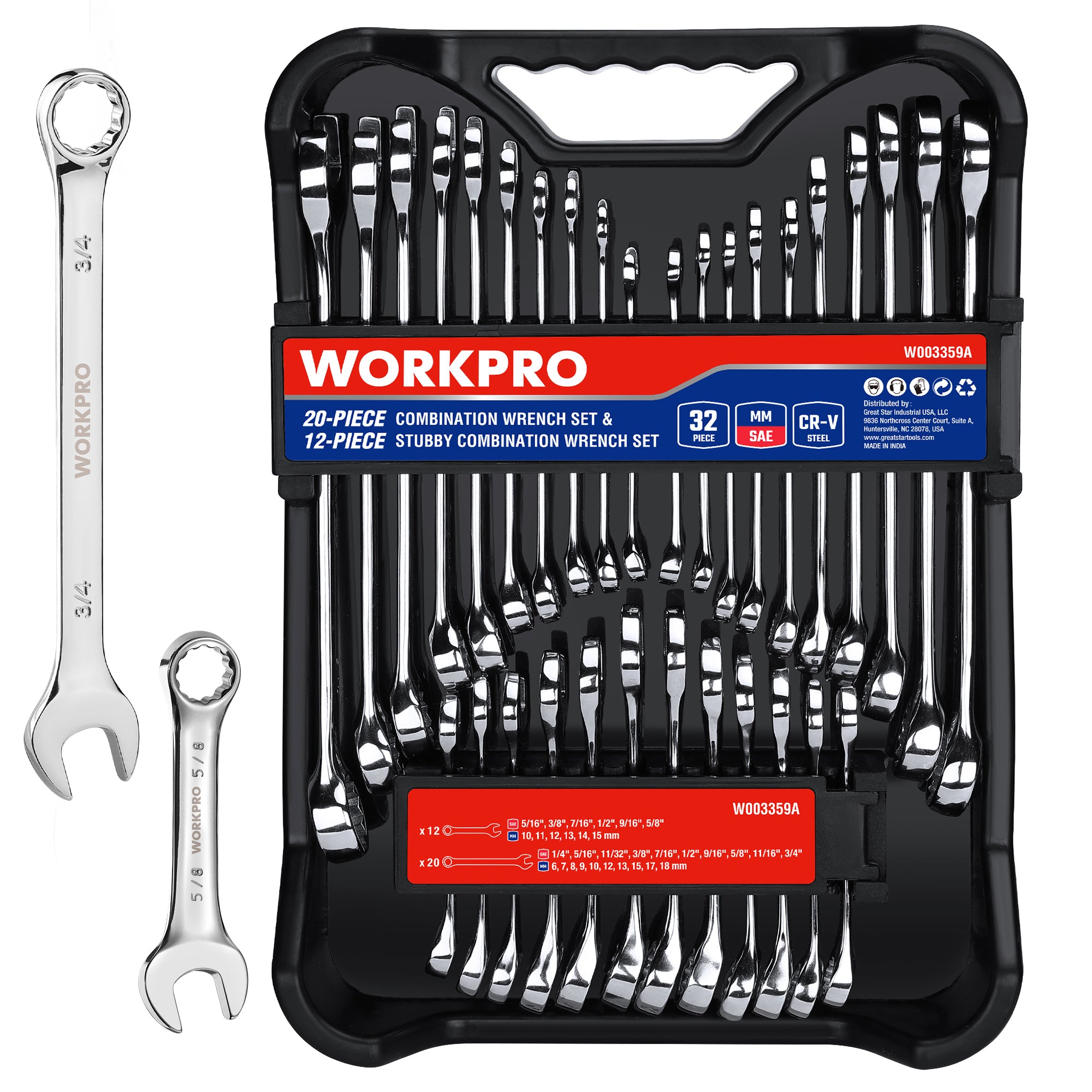 Workpro 32 piece SAE and metric combination wrench set with chrome vanadium steel construction