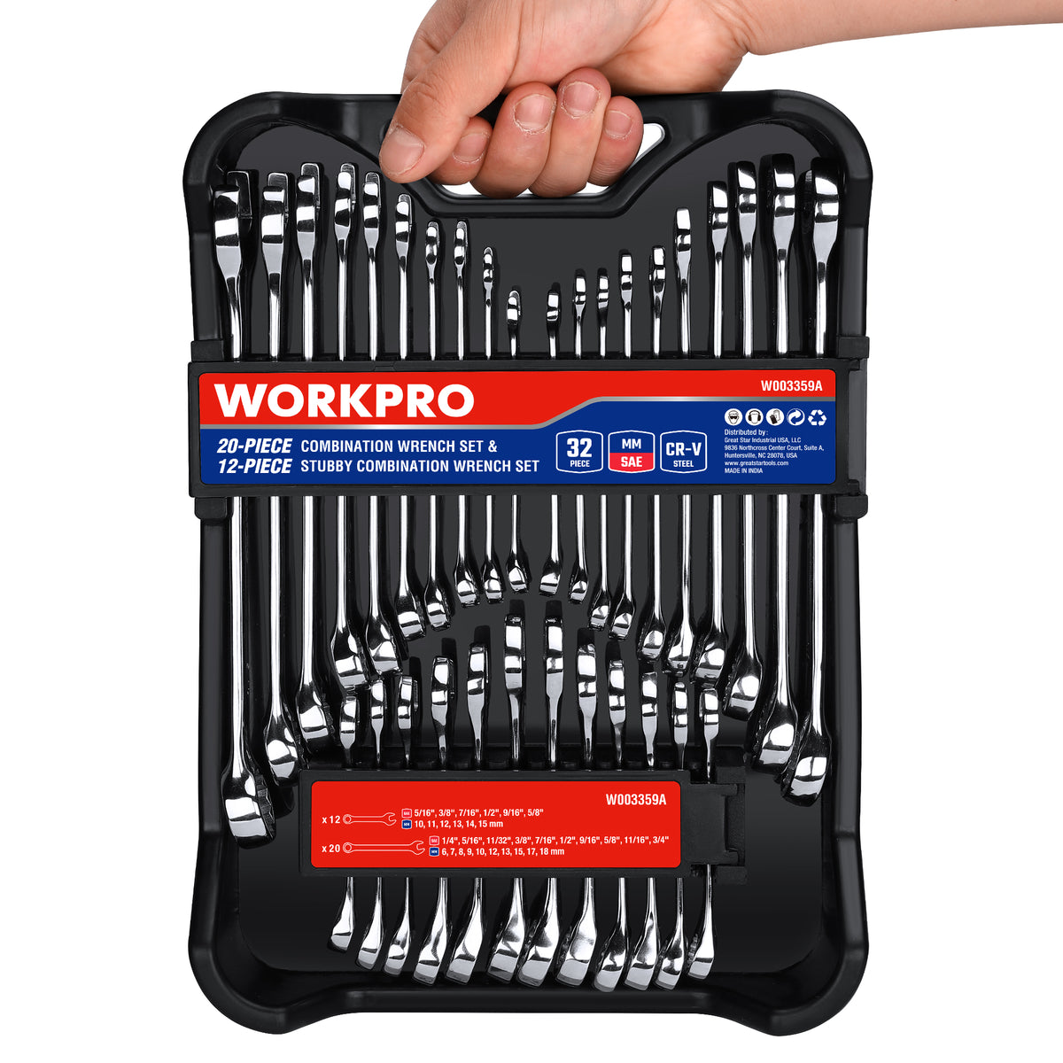 Workpro 32-piece SAE and metric 12-point combination wrench set with chrome vanadium steel in a black holder.