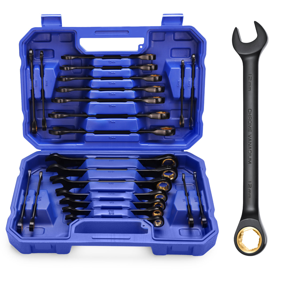 Workpro 22-piece ratcheting wrench set with anti-slip teeth in blue, made from chrome vanadium steel
